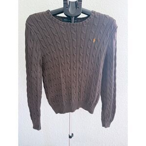 VTG Ralph Lauren Sport Sweater Womens Brown Cable Knit Pony Fisherman Pullover L